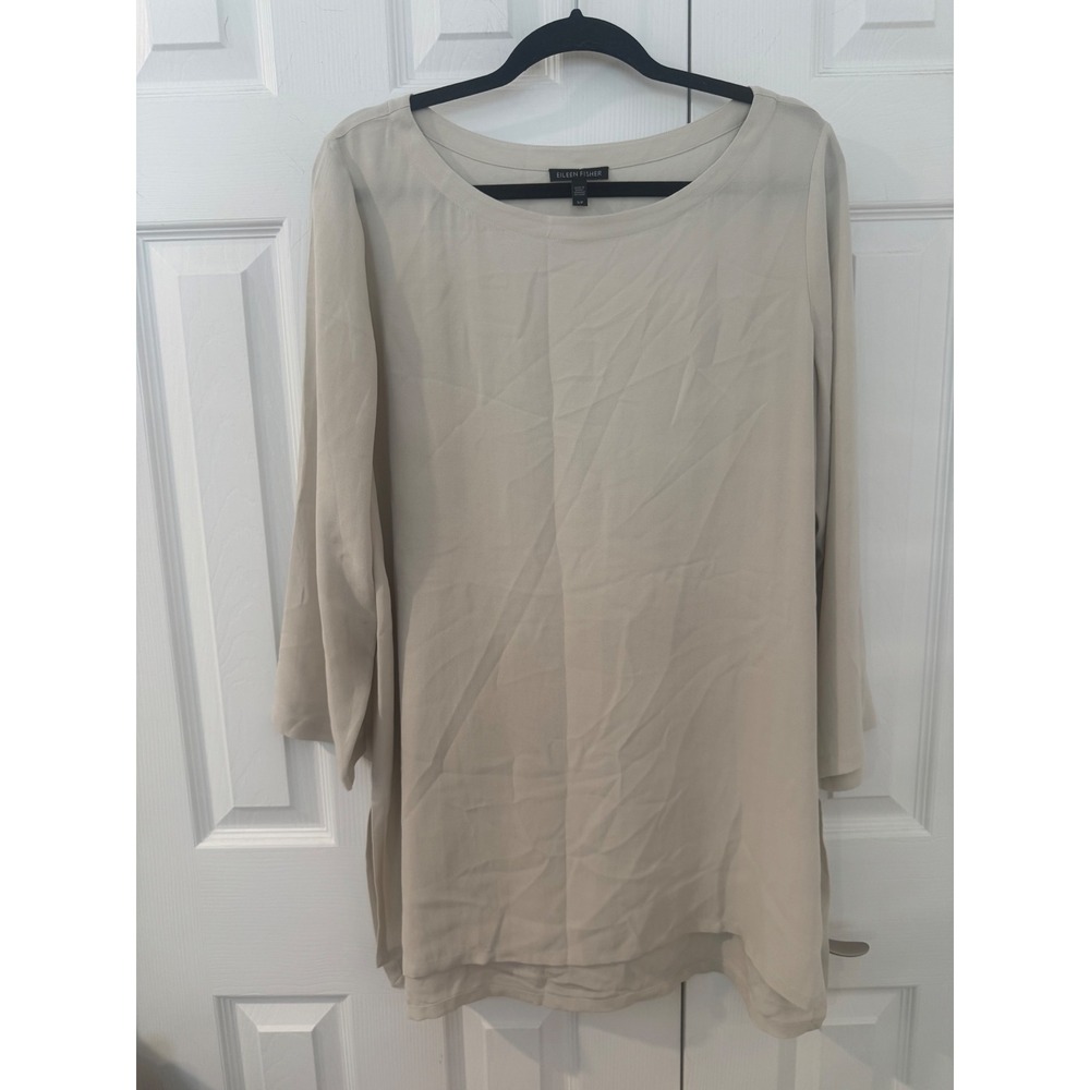 Eileen Fisher Womens 100% Silk Tunic Top Beige Long Sleeve High Low Hem size S
